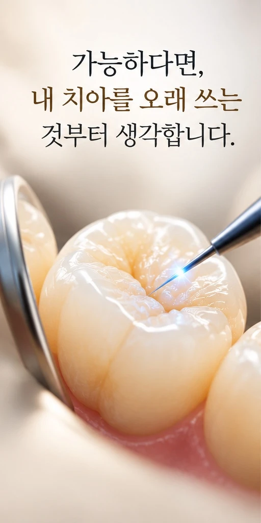 정밀 기구로 어금니 표면을 살피는 이미지 — 가능하다면, 내 치아를 오래 쓰는 것부터 생각합니다